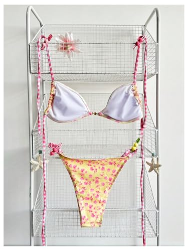 Image of RoseSeek Women's Floral Print Cheeky Bikini Sets Pearl Decor Halter Triangle High Cut String Thong Swimsuits
