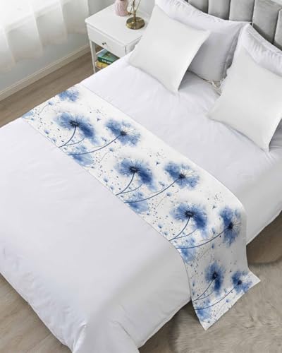 Ldtrchee Bed Runner for King Size Bed, Blue Dandelion Decorative Scarf Throws for Foot of Bed, Simple Pastoral Country Nature Flowers Luxury Bedding Protector Slipcover for Hotel/Home, 94 x 20 Inch