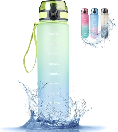 RaMokey Botella de Agua Deportiva 1l, Botella Agua sin BPA Tritan Reutilizable, para, Deporte, Escuela, al Aire Libre, Yoga, fitness, correr (Green)