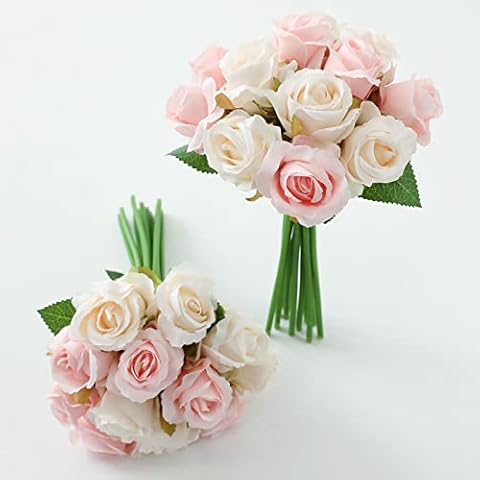 dallisten 24Pcs Artificial Roses Flowers Bouquet, Silk Fake Rose Floral Decor for Home, Party, Table Centerpiece, Bridal Bouquet, Wedding Arrangement Decoration (24, Ivory and Blush) Cover