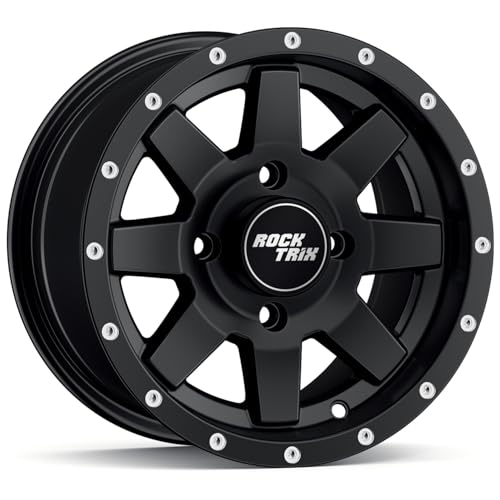 RockTrix RT106 12in ATV Wheels Rims 12x7 Matte Black, 4x156 Bolt Pattern, 4+3 offset, Compatible with Polaris Sportsman RZR Ranger - 4/156 (Set of 4)