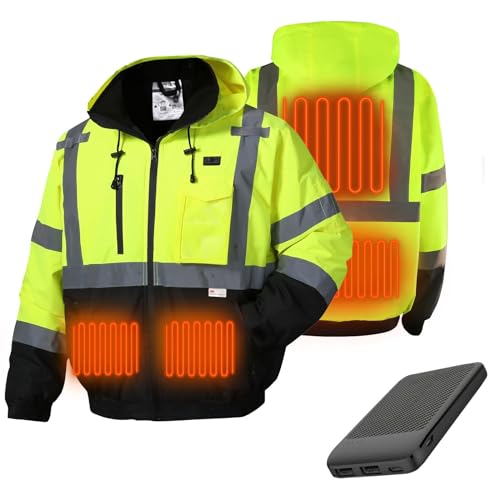 SKSAFETY Professional Level Heated Safety Bomber Jacket, Class 3 Hi-Vis Waterproof Coat, 3M Reflective Tape, Work Construction Coats for Cold Weather (Lime L)