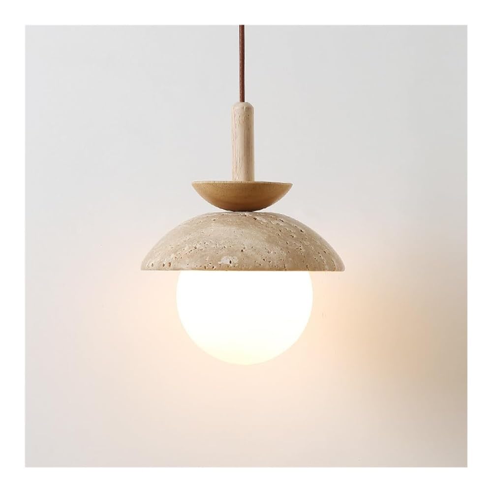 LYMSXAZOU Japanese Retro Adjustable Height Hanging Lamp Yellow Travertine Body Pendant Light Fixtures Solid Wood Accent 3000K Warm Chandelier for Bedroom Living Room Hallway(Log Color)