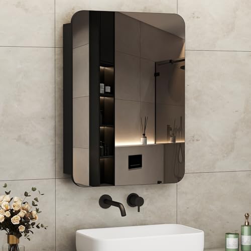 Boromal Spiegelschrank Bad Schwarz Spiegelschrank mit Innenspiegel Metall Badezimmerschrank mit Spiegel und Verstellbare Glasablage (40 x 60 x 12,5 cm)