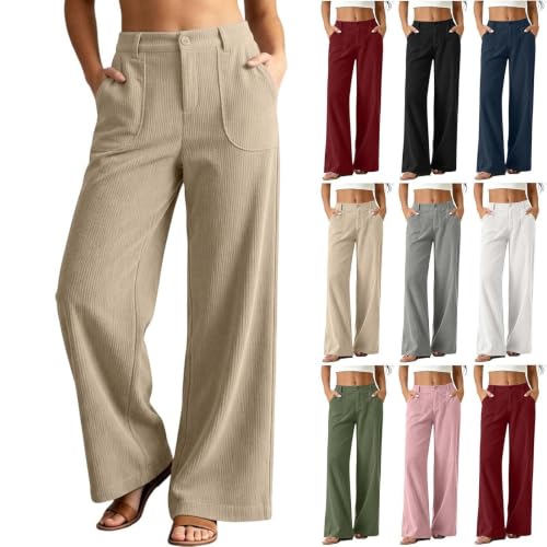 Womens Corduroy Pants Fall High Waisted Wide Leg Trouser with Pockets Beige - image 1
