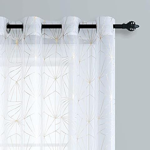 White and Gold Sheer Curtains 52x96 Inches Long for Living Room Cover
