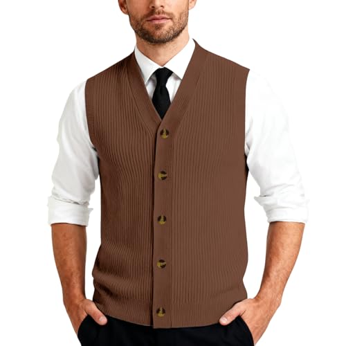 Men's Casual Sweater Vest V-Neck Slim Fit Classic V-Neck Knitwear Sleeveless Sweater Knitted Pullover Fashion Browns L