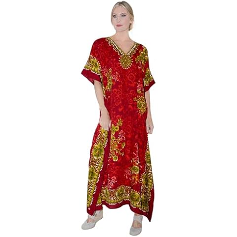 Miss Lavish London Long Caftans for Women - Boho Kaftan Dress, Plus Size Summer Kaftan, Women's Loungewear and Beach Caftans, Maxi Kaftan Tops for Lounging or Swimwear Cover-Ups, Size L,Red Kaftans Cover