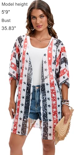 Image of DDSOL Women's American Flag Kimono Cover up Beachwear Cardigan Loose Tops Shirt Blouse