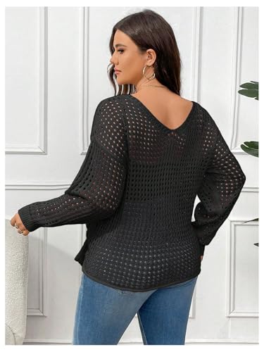 Verdusa Women's Plus Size Hollow Out Crochet Sweaters Bow Tie Knot Pullover Knit Tops2