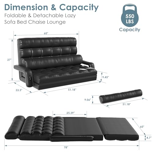 STHOUYN Comfy Floor Lounge Sofa Bedroom with 2 USB Charging Ports, 5-Position Couch Gaming Lounge Chairs, Indoor Folding Lazy Sleeper Sofa Living Room (Black Leather)