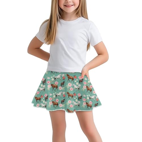 Renewold Athletic Tennis Skorts for Girls Gym Cycling Golf Skirts Bulit in Shorts with Pockets for Daily Party Casual Clothing for Spring Fall Summer Winter Floral Horse Fashion Breathable 5-14 Years