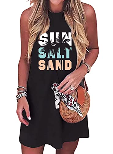 Image of Sun Salt Sand Coconut Tree Tank Mini Dress for Women Sleeveless Beach Praty Shirts Summer Vacation Short Mini Dresses