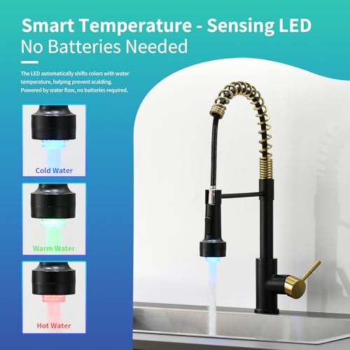 Image of GIMILI Black and Gold Kitchen Faucet with Pull Down Sprayer Single Hole Stainless Steel LED Faucet, Suitable for Farmhouses, RV, Laundry Room, Outdoor, and Campers. Llave para fregadero de cocina