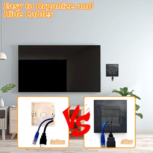 ADERTOS 3 PCS Brush Wall Plate Cable Passthrough Wall Outlet, Wall Mounted Brush Faceplate, Single Gang Cable Access Strap, Tidy Cable Pass Through Insert, Standard Black Wallplate with Black Brushes