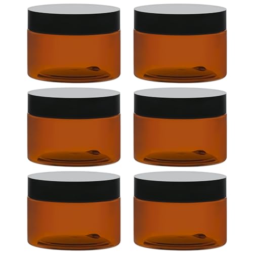 TUZAZO 4 Oz Amber Plastic Cosmetic Jars Leak Proof Small Container with lids for Cream, Lotion, Powder, Ointments, Beauty Products, 6 Pcs
