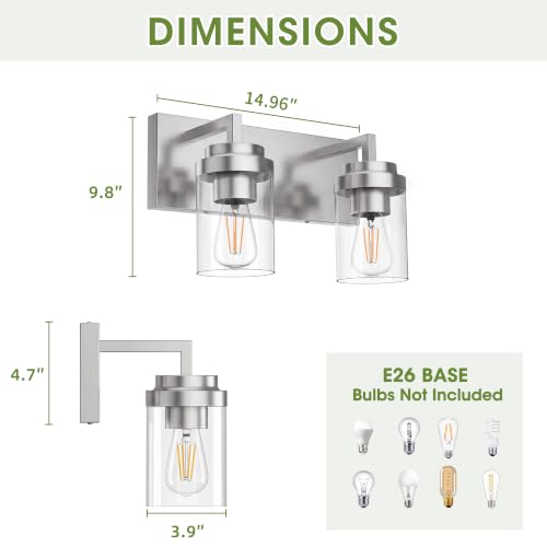 Image of Bathroom Vanity Fixtures, 2 Light Matte Nickel Vanity Light with Clear Glass Shade, 15in Farmhouse wall Light, Lighting Fixture Over Mirror for Bathroom