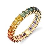HASHTAG JEWEL Princess Cut Lab-Created Multi Sapphire Shared Prong Full Eternity Wedding Band Ring in 925 Sterling Silver - Stunning Stacking Rainbow Sapphire Ring for Her (White Gold, 9)