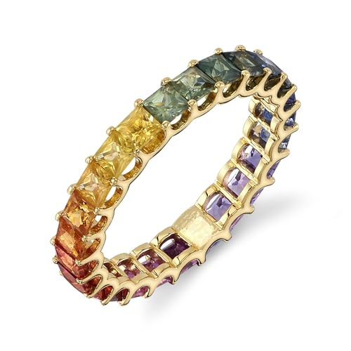 Princess Cut Lab-Created Multi Sapphire Shared Prong Full Eternity Wedding Band Ring in 925 Sterling Silver - Stunning Stacking Rainbow Sapphire Ring for Her