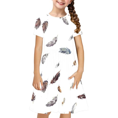 Girls Feather Printed Cute Summer Dress Casual Crewneck Short Sleeve A-line Swing Loose Knee Lenght Dress for 4-14Y