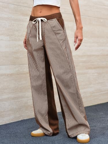 Image of PEIHOT Low Rise Striped Pants for Women Pull On Drawstring Boho Wide Leg Jeans Trendy 2026
