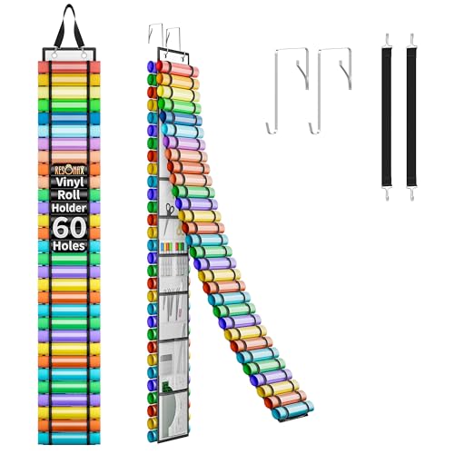 Resonax 60-Compartment Vinyl Roll Holder with 14 Mesh Pockets 2 Hooks & Straps 66 x 8.6 Hanging Vinyl Storage Organizer for Craft Rooms White