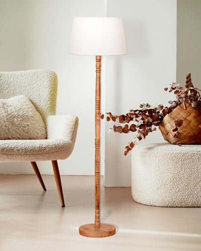 Image of Homesake Mid Century Modern Floor Lamp for Living Room | Hand Turned | Corner Lamp for Living Room, Stand Lamp with Fabric Lampshade for Bedroom, Study Room and Office, (White)