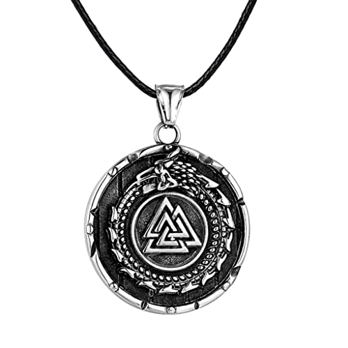 HFUHLK Men Stainless Steel Jewelry, Norse Viking Celtic Dragon Valknut Necklace Ouroboros Pagan Talisman Pendant with Vintage Wooden Box,Leather Silver
