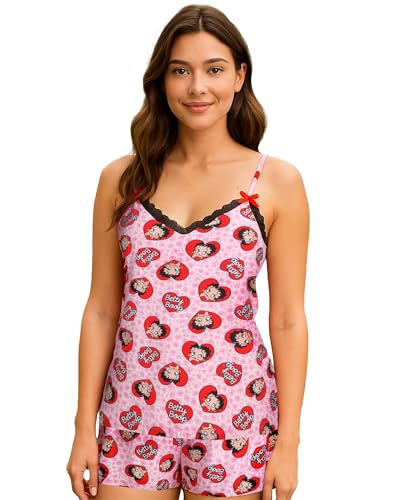 COCO BRANDS Womens Pajama Sets - 2 Piece Strawberry Shortcake Betty Boop Cami Top and Pajama Short Set (Sizes S-XL), Size Small, Pink Leopard Betty Boop Hearts Print