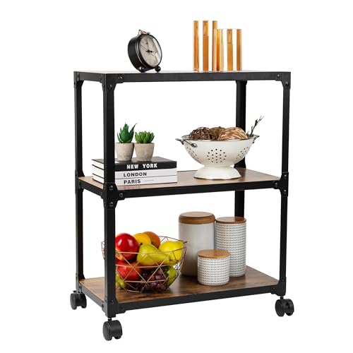 Mind Reader 3 Tier Multipurpose Rolling Cart, Home Storage, Bar Cart, Microwave Stand, Utility Organizer, Metal, MDF, Brown