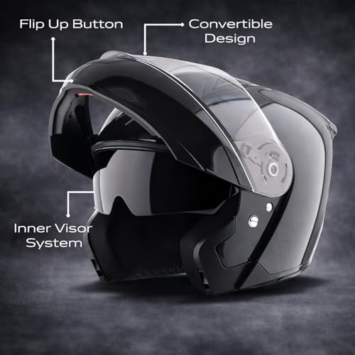 Image of Vega VM-02 Spike Flip-Up Motorcycle Helmet with ISI Certification | High-Impact ABS Shell, Dual Visor, UV & Scratch Resistant: Black, XL