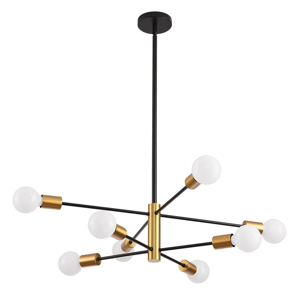 Modern Sputnik Chandelier Adjustable Ceiling Pendant Light 8-Light Black and Gold Chandelier Height Adjustable Mid Century Pendant Lighting for Kitchen, Living, Bedroom