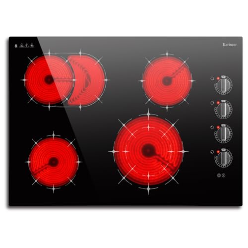 Karinear Placa vitrocerámica 4 fuegos 77 cm, mando, zona de expansión de doble anillo, 9 niveles de potencia, zonas de cocción separadas, 220 V ~ 240 V, 6700 W, sin enchufe.