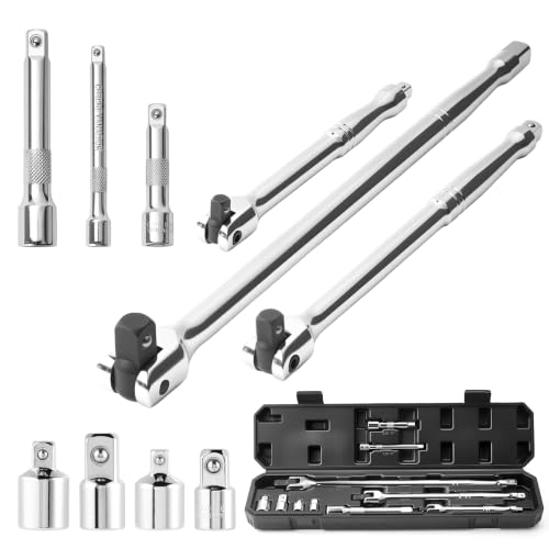 Image of 10PC Breaker Bar Set, Dual-end 3 Extension Bars, 3 /8 inch, 1 /2 inch 1 /4 inch Drive | 3 /8 inch, 1 /2 inch and 1 /4 inch Drive, 180 Rotatable Head, 6'', 10'', 15'' Length, 3 Extension Bars, Organizer Case