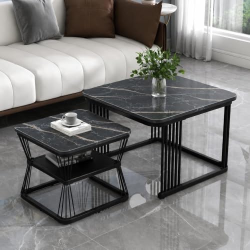 Image of Brown Art Shoppee Set of 2 Modern Coffee Tables with Marble Finish Top, Metal Frame, Nesting Center Table & End Table for Living Room Home Decor (Full Black)