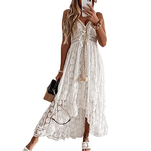 Fabumily Women's Summer Dress V Neck Spaghetti Strap Sleeveless High Waist  Bohemian Wedding Beach Casual Maxi Dresses (A Boho White, Small) at Amazon  Women's Clothing store