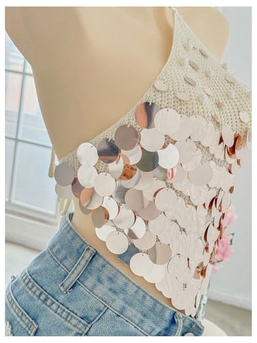 MakeMeChic Women's Summer Y2K Party Halter Tops Pearl Beaded Sequin Sweater Knitted Crop Tops3