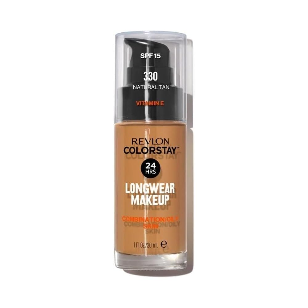 REVLON - ColorStay Base de Maquillaje SPF 15, con Vitamina E, Cobertura Media-​Alta, Larga Duración, Acabado Mate, Resistente al Agua, para Piel Mixta-​Grasa, Tono 330, Natural Tan - 30 ml