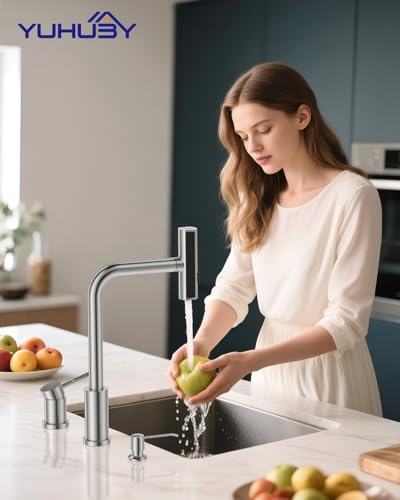 Image of 3 Hole Kitchen Faucet, Multi-Function Waterfall Kitchen Faucet with Soap Dispenser and Pull Down Sprayer, Stainless Steel 3 Pieces Sink Faucets with Separate Handle, Brushed Nickel