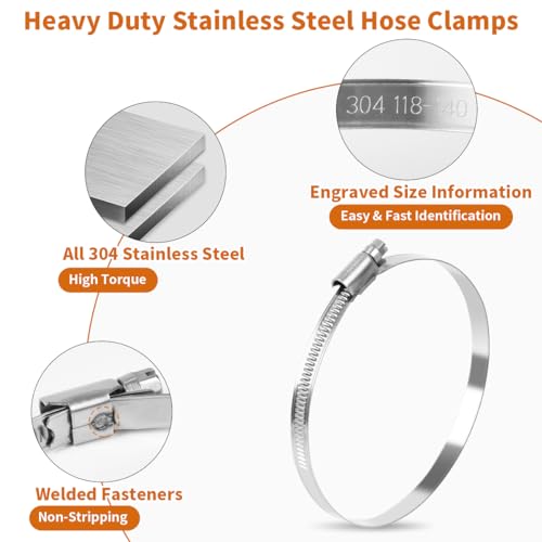 6 Pcs 5 Inch Hose Clamps, Stainless Steel Duct Clamps for 4.5 Inch to 5.5 Inch Dryer Vent Hose, Large Adjustable Metal Pipe Clamp for Air Ducting, Plumbing, Automotive - Thumbnail 4