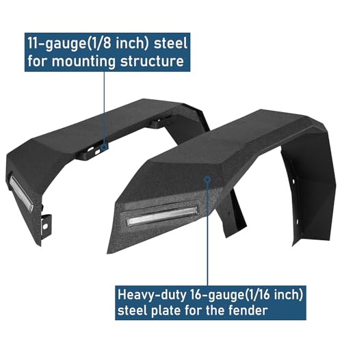 Image of Hooke Road JK 8.7 inch Wide Flat Front Fender Flares for 2007-2018 Jeep Wrangler JK & JKU Unlimited 2 or 4 Doors, Steel Fenders with Turn Signal Lights DRL - 2 PCS