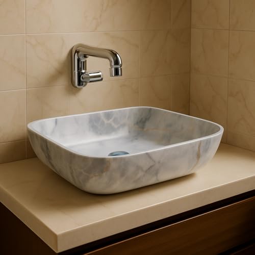 Image of Ceramic Tabletop Wash Basin - Glossy Rectangular Countertop Vessel Sink with Marble Finish for Bathroom & Vanity | Compact 18 x 13 x 5 Inch | Elegant Washbasin