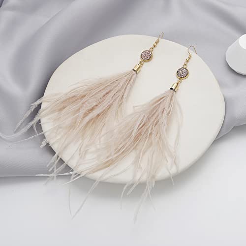 Ruoffeta Long Feather Earrings For Women, Bohemian Elegant Delicate Faux Druzy Charms Dangle Earrings(Beige) #TOP3