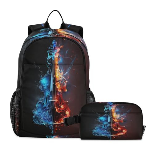 Violin-fire Print Kids Backpack Set for Girls Boys Elementary Middle School Bag with Lunch Box