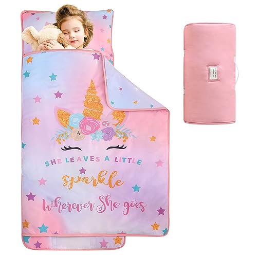 Image of Toddler Nap Mat with Pillow, Large Rolled Unicorn Nap Mat Daycare | Toddler Sleeping Bag, Nap Mats for Daycare, Preschool, Travel Sleeping Bag for Girls, Toddler Nap Mat Sleep Mat for Daycare