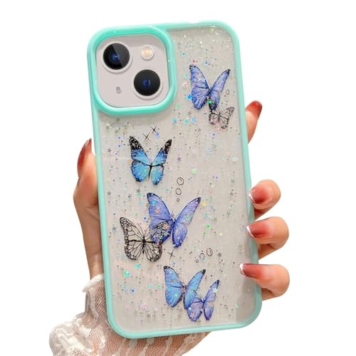 Image of VONZEE for iPhone 15 Plus Clear Glitter Butterfly Case, Cute Bling Sparkle Shiny Soft TPU Bumper Shockproof Women Girls Slim Protective Phone Cover for iPhone 15 Plus 6.7 inch,Mint Green