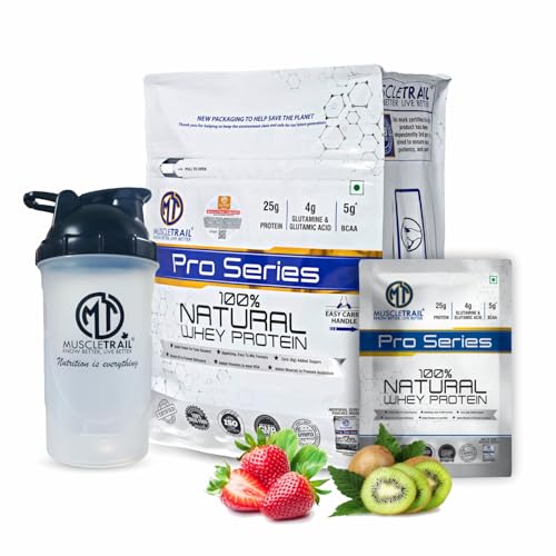 Image of MuscleTrail Pro Series Whey Protein, 50 Pouches, 25g Protein, Isolate Source, Low Carb, 4g Glutamine & Glutamic Acid, 5g BCAA (1.79kg, Strawberry kiwi)