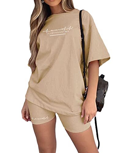 Onsoyours Conjunto de Verano de Manga Corta para Mujer Estilo Informal con Cuello Redondo Monocolor Ropa Deportiva de Dos Piezas de Cartas Ropa de Jogging Caqui M