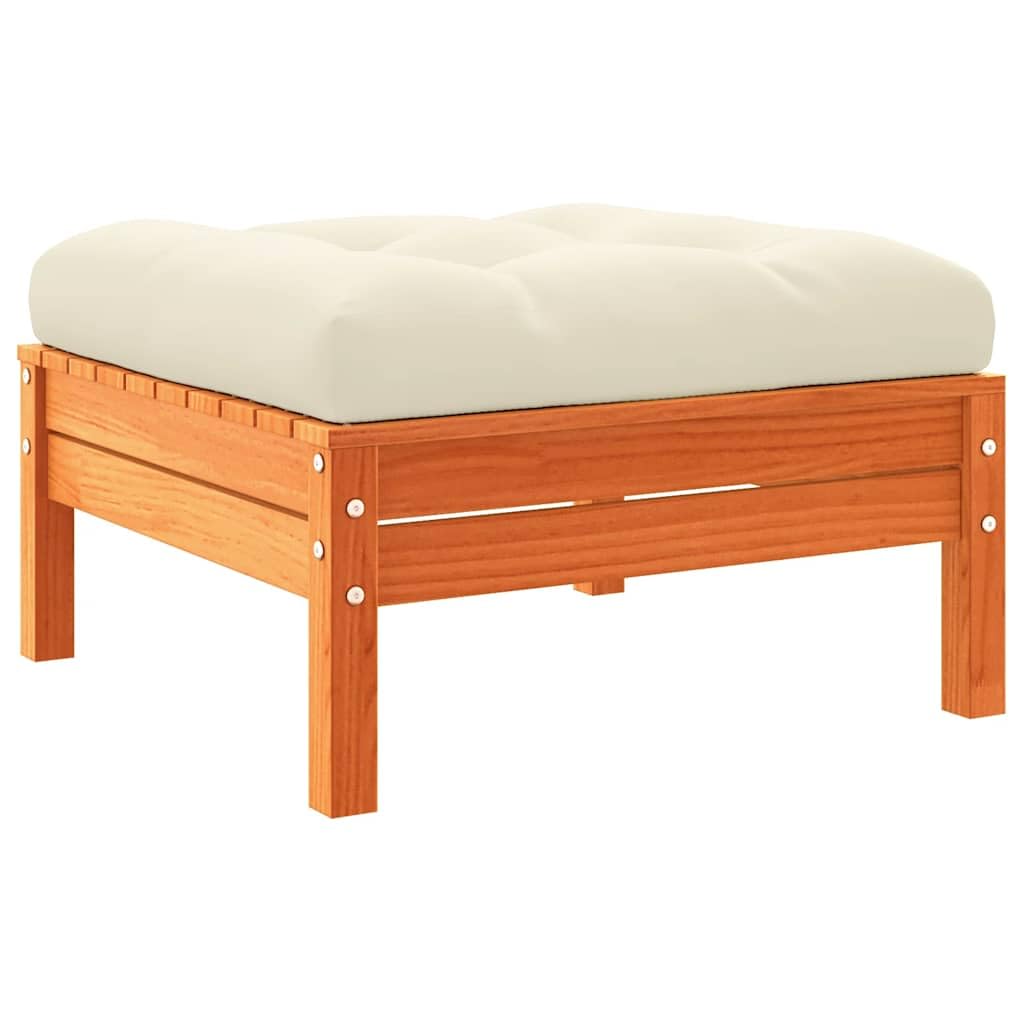 Reposapiés Jardín 2 Piezas Marrón Cera Madera Pino Macizo | Cojín de color crema incluido, 63 x 63 cm, diseño de láminas, modular, para patio y terraza