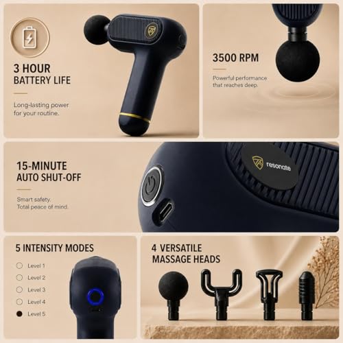 Image of Resonate Aura Percussion Massage Gun | Deep Tissue Muscle Recovery | 4 Heads, 5 Speed, 3500 RPM | Touch Sensitive | for Back, Neck & Shoulder Pain Relief | USB-C | 1 Year Warranty